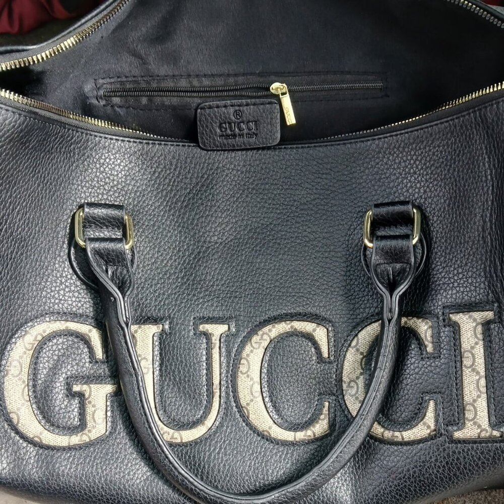 GUCCI Black Leather GG Trim Medium Duffle Bag New & Authentic